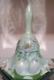 Fenton Sea Green Iridized Floral Interlude Bell Hand Painted Signed S. Shepherd