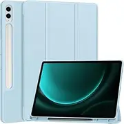 Jarttarn Compatible with Samsung Galaxy Tab S9 FE Plus 12.4 Inch 2023 with Pen Holder, Soft TPU Tri-Fold Stand Protective Tablet Cover, Support Pen Charging, Auto Wake/Sleep (Sky Blue)