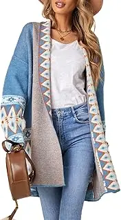 [Perbai] Womens Boho Aztec Cardigan Sweater Shawl Collar Open Front Tribal Long Sweater Coat with Pockets
