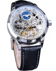 Men's Skeleton Moon Phase Watch Mechanical Self-Wind Tourbillon Dual Time Zon...