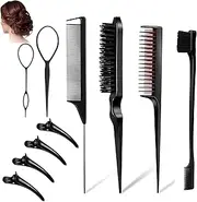 10Pcs Hair Styling Set – 4 Topsy Hair Tail Tools, Bristle Teasing Brush, Edge Control Brush, 2 Metal Pin Rat Tail Combs & 4 Duckbill Clips | Volumizing & Smoothing for Women & Stylists (Black)