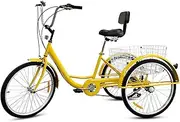 Three Wheel Bike, 24Inch Adult Tricycle 7 Speed Cruiser Bike with Large Basket Adult Bicycle High Carbon Steel Frame 3 Wheel Bikes Yellow Cycling Pedalling