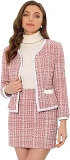 [Allegra K] Suit Set for Women's Christmas Costumes 2 Piece Outfits Plaid Tweed Short Blazer Jacket and Skirt Sets, Pink, XS