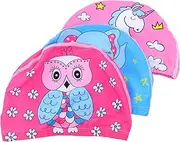 BESPORTBLE 3Pcs Printed Swim Caps Cartoon Design Elastic Bathing Caps for Boys Lightweight Easy to Wear for Swimming Practice and Beach Fun Includes Owl Elephant and