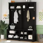 Entryway Bench Coat Rack with Metal Hooks & 3 Storage Cubbies Hall Tree Black US