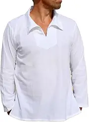RaanPahMuang V-Neck Beach Shirt for Men 100% Cotton Harem Long Sleeve Big Collar