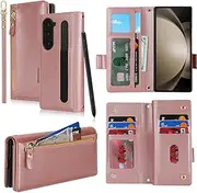 [SunYoo] for Galaxy Z Fold5 Case Leather Wallet with Card Holders Money Slots Wrist Strap for Women RFID Blocking Purse for Samusng Z Fold 5 Zipper Coin Pocket Cover Kickstand Folio Flip Case Pink