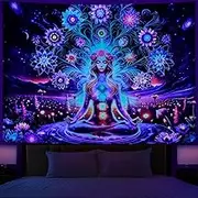 Dermijer Blacklight Seven Chakra Yoga Meditation Tapestry Flower Chakra Tapestries Galaxy Space Planet Tapestry UV Reactive Lotus Spiritual Tapestries Wall Hanging for Home Decor 78.7L x 59.1W