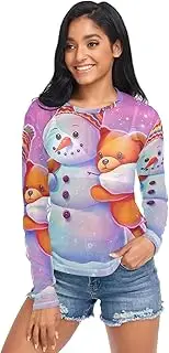 [RPLIFE] Cute Snowman Bear Pink Long Sleeve Fishnet Top, Sheer Mesh Tops for Women S-XXL