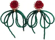 [RYEPOLNIX] Handmade Earrings Green Beaded Tassel Ribbon Roses Pearl Stud Earrings Summer Beach Sweet Cute Cool Girls Party Earrings/690