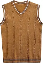 [OFFSUM] Men'S Knitted Vest - Large Size Simple Striped Knitted Vest Sleeveless V-Neck Solid Color Patchwork Loose Autumn Winter Waistcoat Jacket