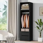 ALFORDSON Wardrobe Cabinet with 2 Sliding Drawers, Hanging Rod and Open Shelf Black Color, Wooden Closet 50.5X 40x 185 cm, Dresser Clothing Organizer Clothes Storage Cupboard for Bedroom Living Room