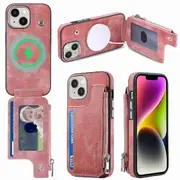 For iPhone 15 Zipper Wallet Phone Case PU Leather+TPU Anti-drop Cover Compatible with MagSafe