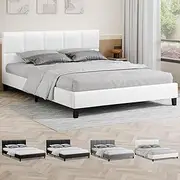 ALFORDSON Bed Frame Base Queen Size, Bed Platform Foundation with PU Leather Upholstered Tufted Headboard for Mattress Topper, Platt White