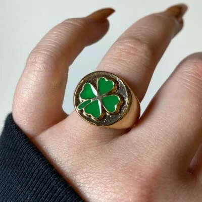 Men's Solid Metal Pinky Clover Green Enamel Ring 14K Yellow Gold Plated Silver