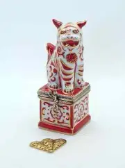 New French Limoges Trinket Box Red Foo Dog Guardian Lion Good Fortune Symbol