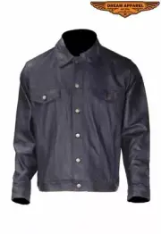 Men's Motorcycle Leather Shirt with Button Snap Front Closure & Snap Down Collar