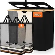 Optish Laundry Hamper 3 Section, 160L Dirty Clothes Hamper with Lid, Large Laundry Basket with Mesh Bag, Laundry Basket Organizer for Bedroom, Laundry Room, Hamper 3 Compartment