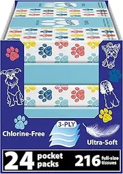Funwares White Facial Travel Tissue Packs, Non-Bleach, Chlorine-Free, Compact Pocket Tissues for Car, Purse, School, Work, On-the-Go Tissue Packs, Dog Paw Design, 24 Packs, 216 Tissues, 3-Ply Sheets