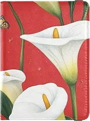 [Amooorous] Cartoon Calla Lily Flower Red Leather decorative passport book holder Travel Documents Organizer Protector Passport Cover Lightweight, cartoon Calla Lily flower Red, 1 size