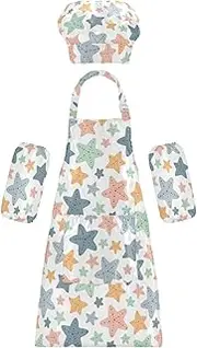 AIXIWAWA Kids Apron Chef Hat Set, Child Kitchen Bib Aprons Adjustable for Cooking Baking Painting (Cartoon Starfishes)