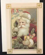 Vtg Christmas Card Artistic Rosy Cheek Santa With Drum Bag Tree Gifts Xmas Joys