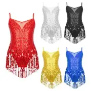 Kids Girls Latin Dance Dress Sequins Leotard Tango Rumba Performance Dancewear