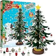 2024 Christmas Advent Calendar,24 Days Countdown Calendar,Wooden Tabletop Christmas Tree with 28 Ornaments Decoration Mini Snowman Santa for Xmas Party Favor Gifts (Green)