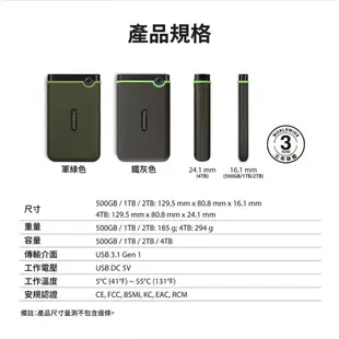 Transcend 創見 軍規防摔 1TB/2TB/4TB 2.5吋 超薄款 隨身硬碟 行動硬碟 外接硬碟 25M3