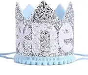 Snowflake Crown 1st Birthday Hat - Prince Charming First Birthday Party Headband， Trim Blue And Silver - Winter Wonderland Party Hat For Boy - Best Photo Booth Props， Backdrop Cake Smash (Blue Silver)