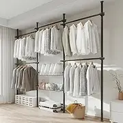 SYAMEET Adjustable Garment Rack Floor-to-Ceiling Clothes Rack - Thick Steel, Nail-Free Installation, with 4 Pillars, 5 Bars, and 2 Mesh Shelves