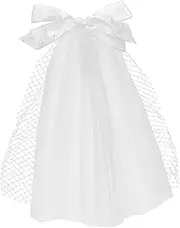 [NIYANGLE] Elegant Pearl Veil Bowknot Short Mesh Tulle Bridal Veil for Wedding Engagement Parties
