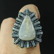 Proposal Women's Ring Natural Denrite Opal Pear Gemstone 925 Sterling Silver