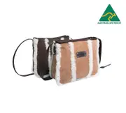 Women Sheepskin Wool Zip Shearling Lined Over Shoulder Bag - Chestnut / One Size