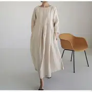 Long-Sleeve Linen Maxi A-Line Dress Almond - XL