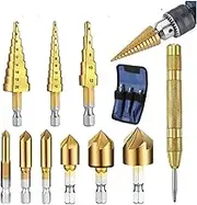 MTJNYZA 3pcs HSS Steel Step Cone Drill Titanium Bit Set,Hole Cutter 3/12mm 4-12/20mm+7pcs Countersink Drill Bit Set-1/4'' Hex Shank, High Speed Steel, 6 Flute 90 Degree Center Punch Tool, 1/4''-3/4''