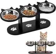 Cat Bowls Elevated, Raised Cat Food Bowls, Adjustable Heights Cat Food and Water Bowl with Black Shelf, 3 Stainless Steel Cat Dishes for Food and Water