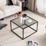 Costway70 CM Modern Square Glass Coffee Table with Metal Frame-Grey