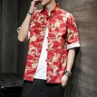 在飛比找ETMall東森購物網優惠-中國風短袖立領青少年印花襯衫