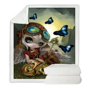 Cute Fantasy Art Angel and Clockwork Dragonling Throw Blanket
