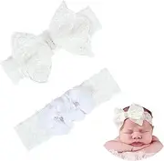 MenYiYDS 2 Pieces Baby Headbands - Baby Headbands for Girls, White Lace Headbands for Girls, Bow Headbands, Soft and Cute Flower Headbands for Newborns