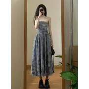 Strapless Plaid Midi A-Line Dress / Plain Crop Cardigan Dress - Black - M