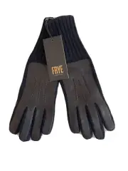 Frye Gloves Black Leather Patch Knit Lambs Wool Logo S/M Brand NEW