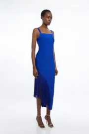 Figure Form Bandage Asymmetric Fringe Hem Knit Dress