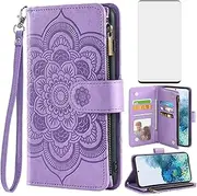[Asuwish] Compatible with Samsung Galaxy S20 Plus Glaxay S20+ 5G Wallet Case and Tempered Glass Screen Protector Flip Card Holder Cell Phone Cover for Gaxaly S20+5G S20plus 20S + S 20 20+ G5 Men Purple