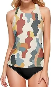 [ODAWA] Tankini Top Leopard Spots Pink Backless Swimwear High Neck Bathing Suit Tops for Women, Cool Camouflage Cream, Large