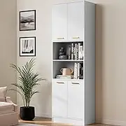 Cozy Castle Wood Pantry Cabinet, 75" Freestanding Kitchen Storage Cabinet with Doors and Adjustable Shelves, Storage Cabinet for Kitchen, Bathroom or Hallway, White