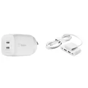 Belkin BoostCharge 4-PortUSB Power Extender 65W Dual USB-C GaN Wall Charger with - White (2m cord with 2 x USB-A, 2 x USB-C) [TAABEL5607256B]