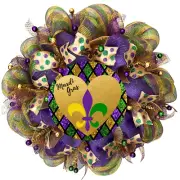 Mardi Gras Heart with Fleur de Lis Handmade Deco Mesh Wreath