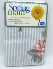 Vtg Springmaid Set of 2 Standard Percale Pillowcase White Blue Stripe Floral NEW